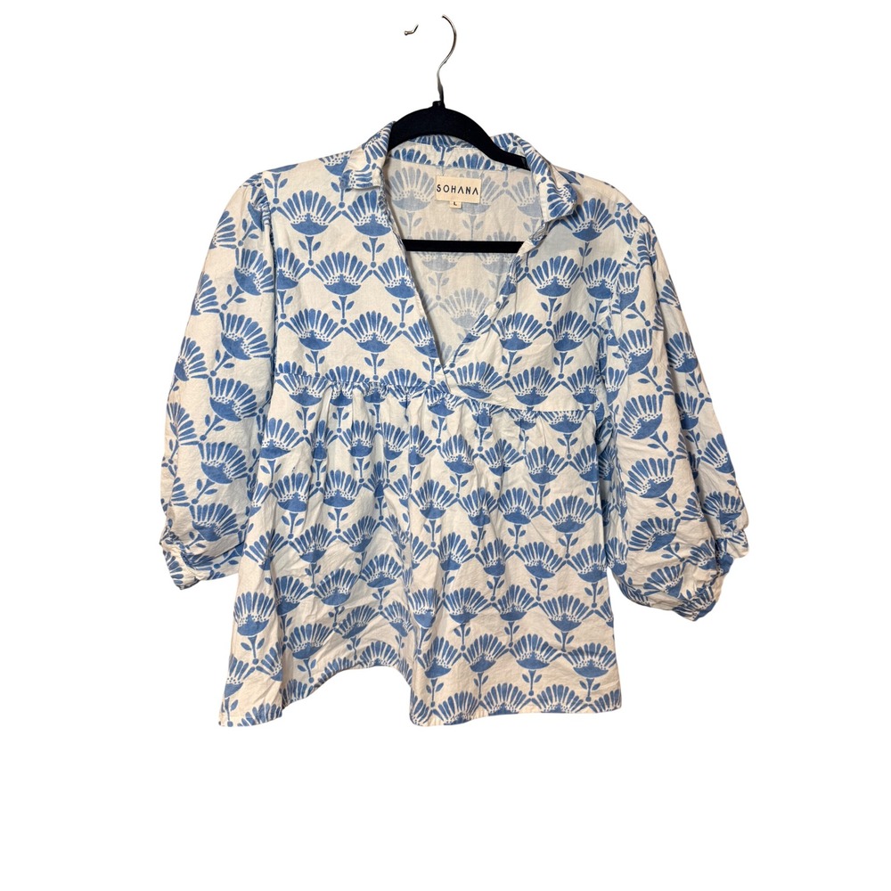 Sohana Block Print Cotton Collar Top Boho Oversized White Blue Floral Size Large